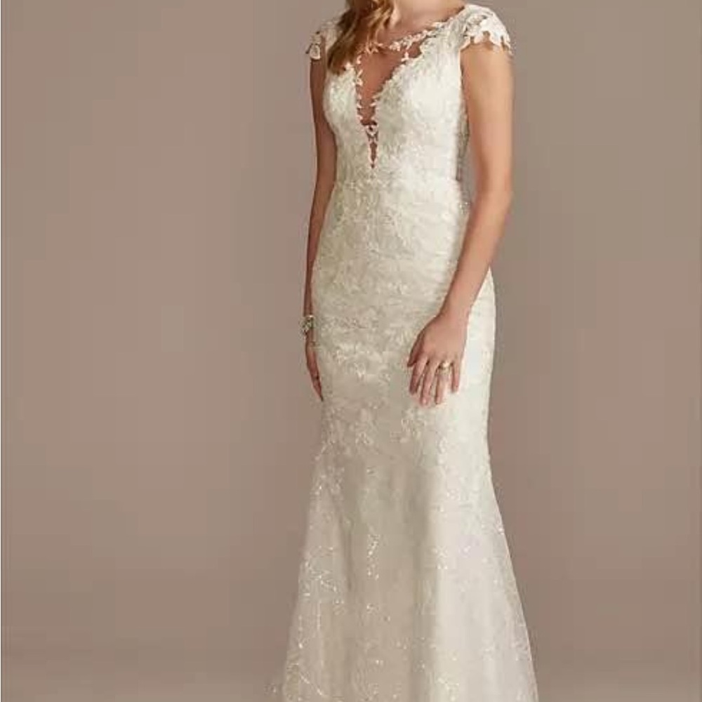 Wedding Dress Beaded Tulle Sheath with Swag back, Train and cap sleeves